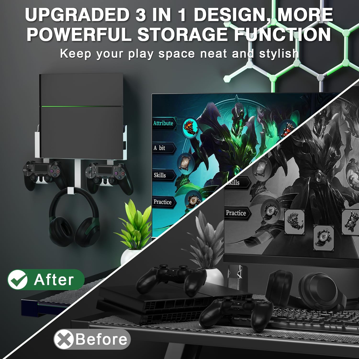 Kit di montaggio a parete con 2 supporti rimovibili per controller e gancio per cuffie, montaggio a parete o sul retro della TV, montaggio a parete compatibile con PS4, bianco