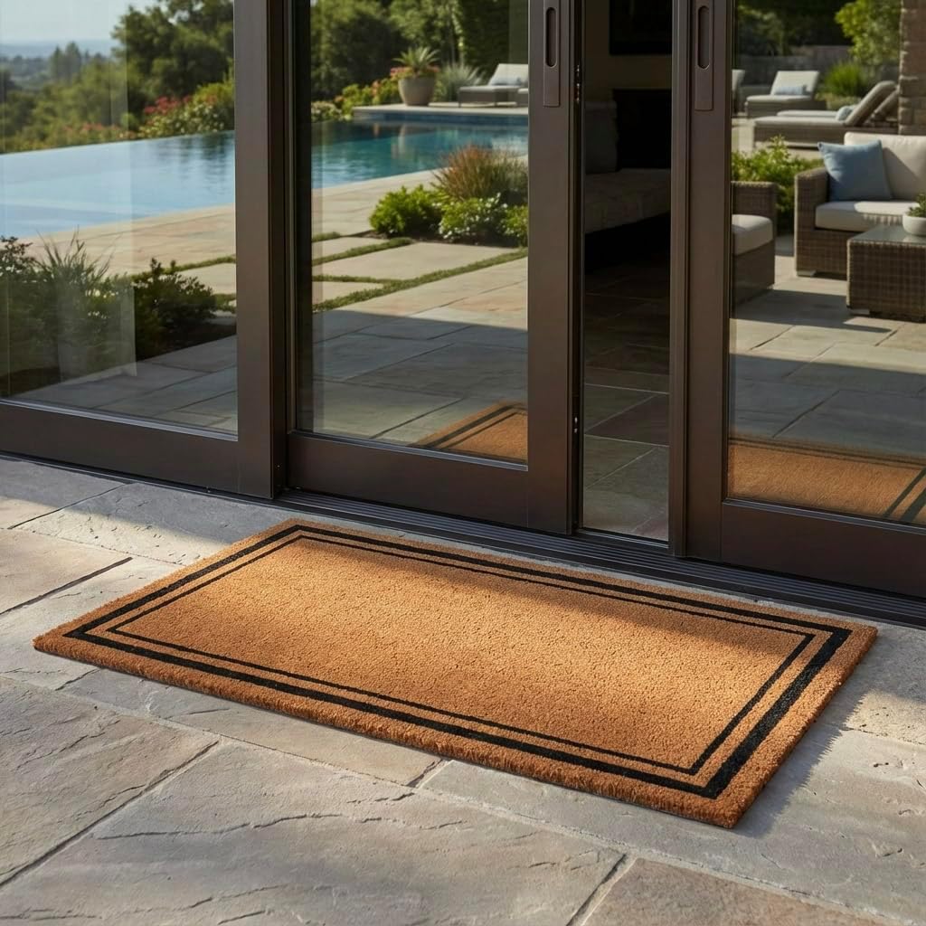 Kempf Black Border Coco Coir Doormat, 24" x 60", Non-Slip Backing, Heavy Duty Natural Fiber Front Door Welcome Entrance Mat, Low Clearance, Outdoor Indoor