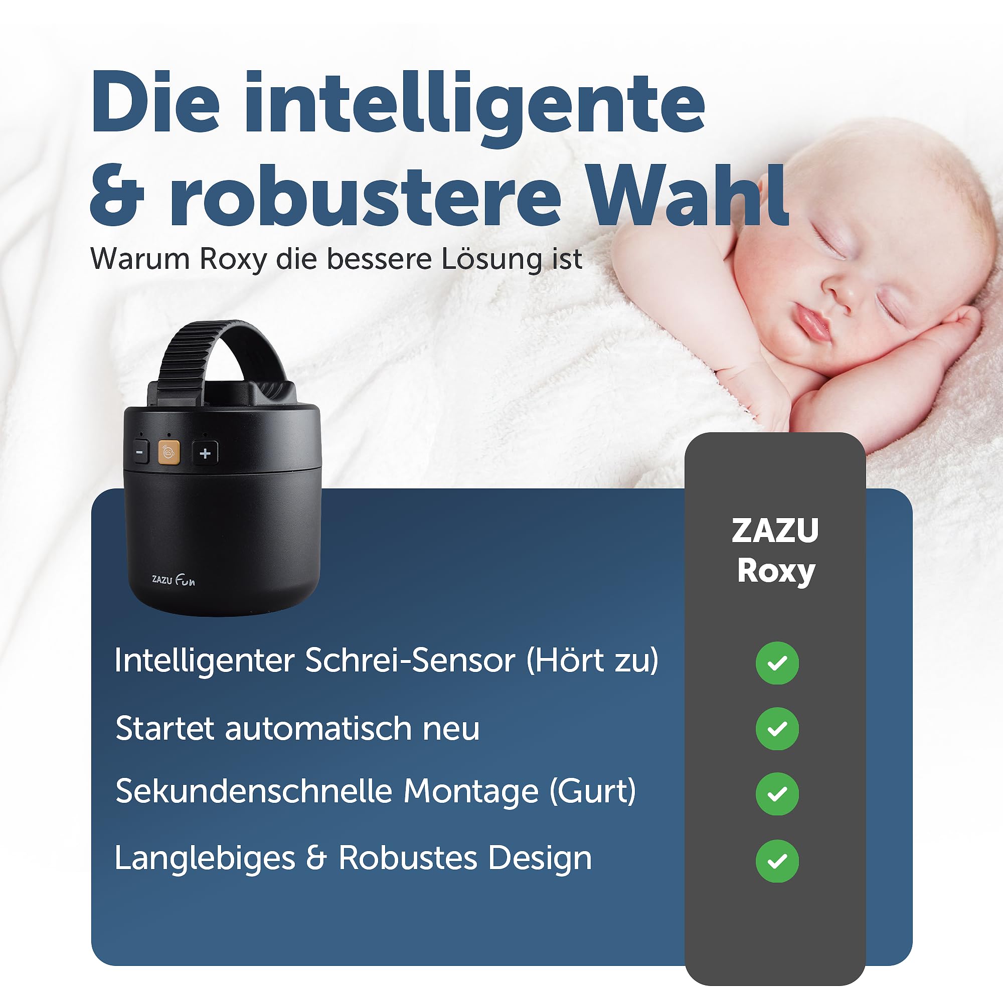 ZAZU ROXY Baby Rocker – Elektrischer Kinderwagen-Schaukler mit Weinen-Sensor, einstellbarer Wipp-Stärke & 40-Min-Auto-Off – Tragbar, wasserabweisend & USB-aufladbar