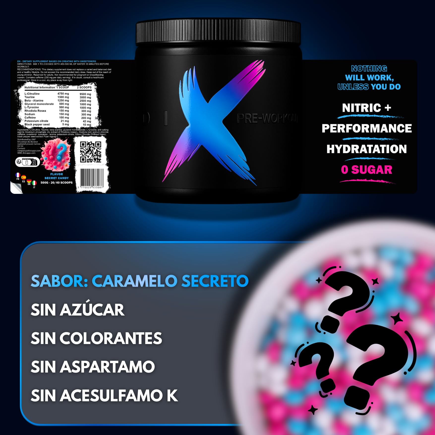 DIX Pre Entreno Workout Fuerte, Energía y Pump, 400 g Secret Candy