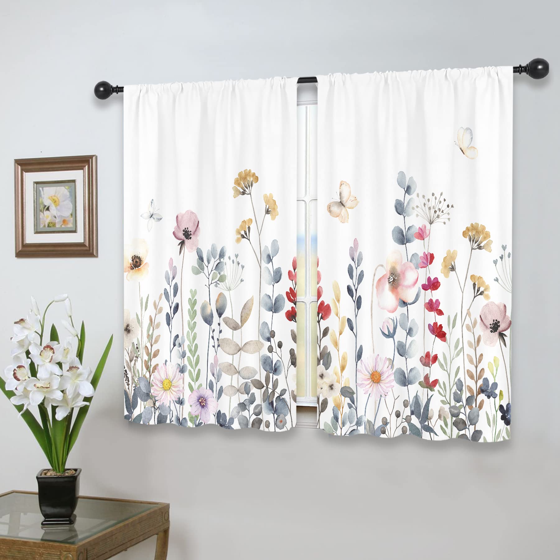 Riyidecor Floral Kitchen Curtains Colorful Wildflower Farmhouse Rod Pocket Flowers Botanical Watercolor Floral Women Plant Spring Rustic Bedroom