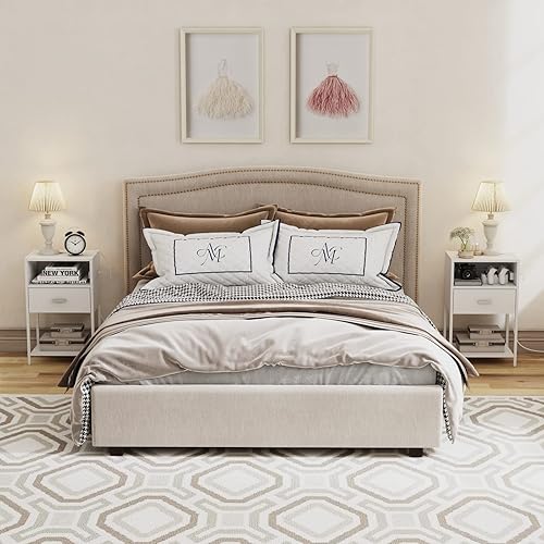 Miniatura 8 de LDTTCUK Mesita de noche con estación de carga, moderna mesa auxiliar con cajón, mesita de noche blanca con almacenamiento abierto para dormitorio