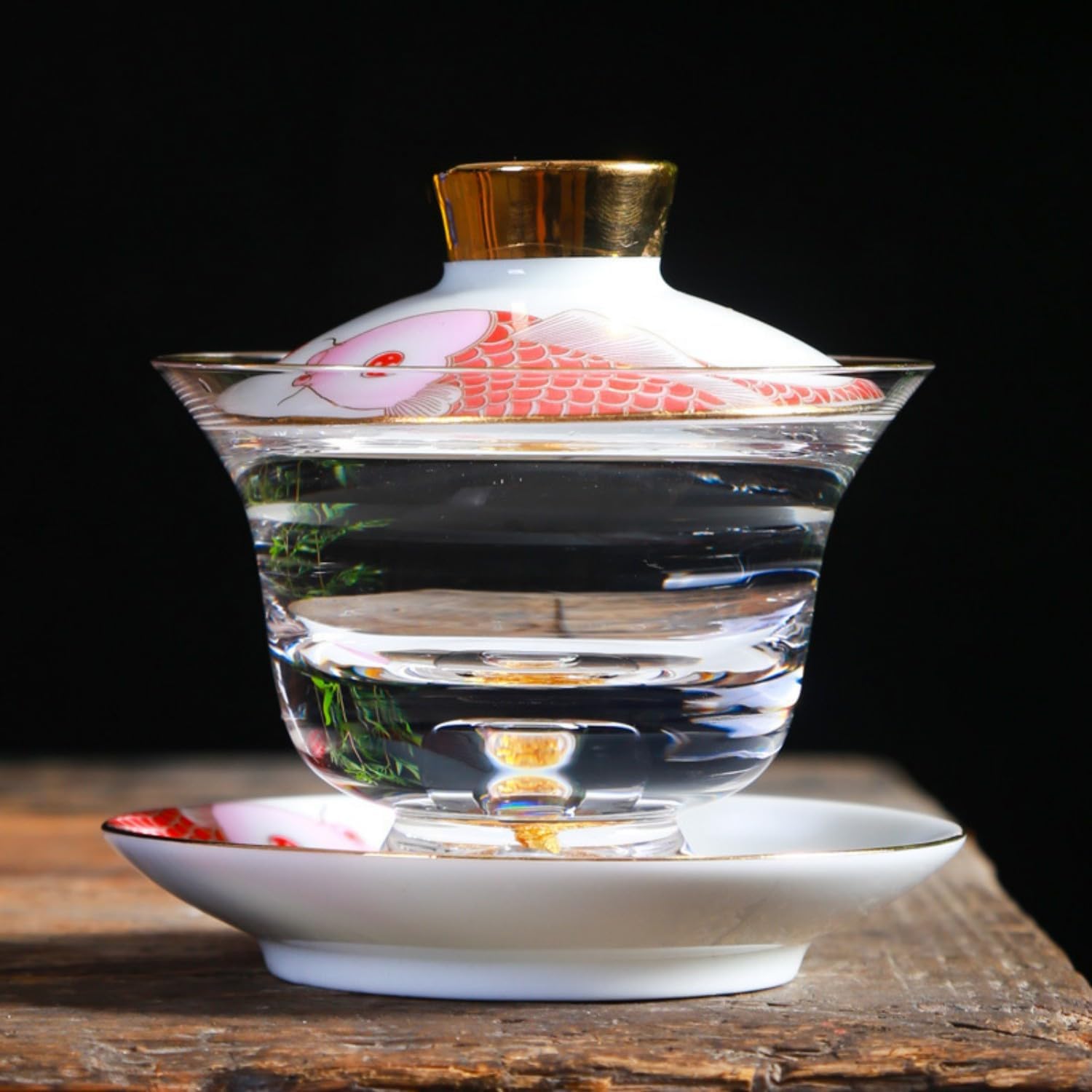 三才玻璃盖碗耐热陶瓷茶杯家用透明泡茶 Ceramic Kung Fu Tea Set,teapot,Teacups,warming Wedding Birthday Gift,Tea Tray Chinese,Dishwasher Safe 富贵有鱼玻璃盖碗-标准