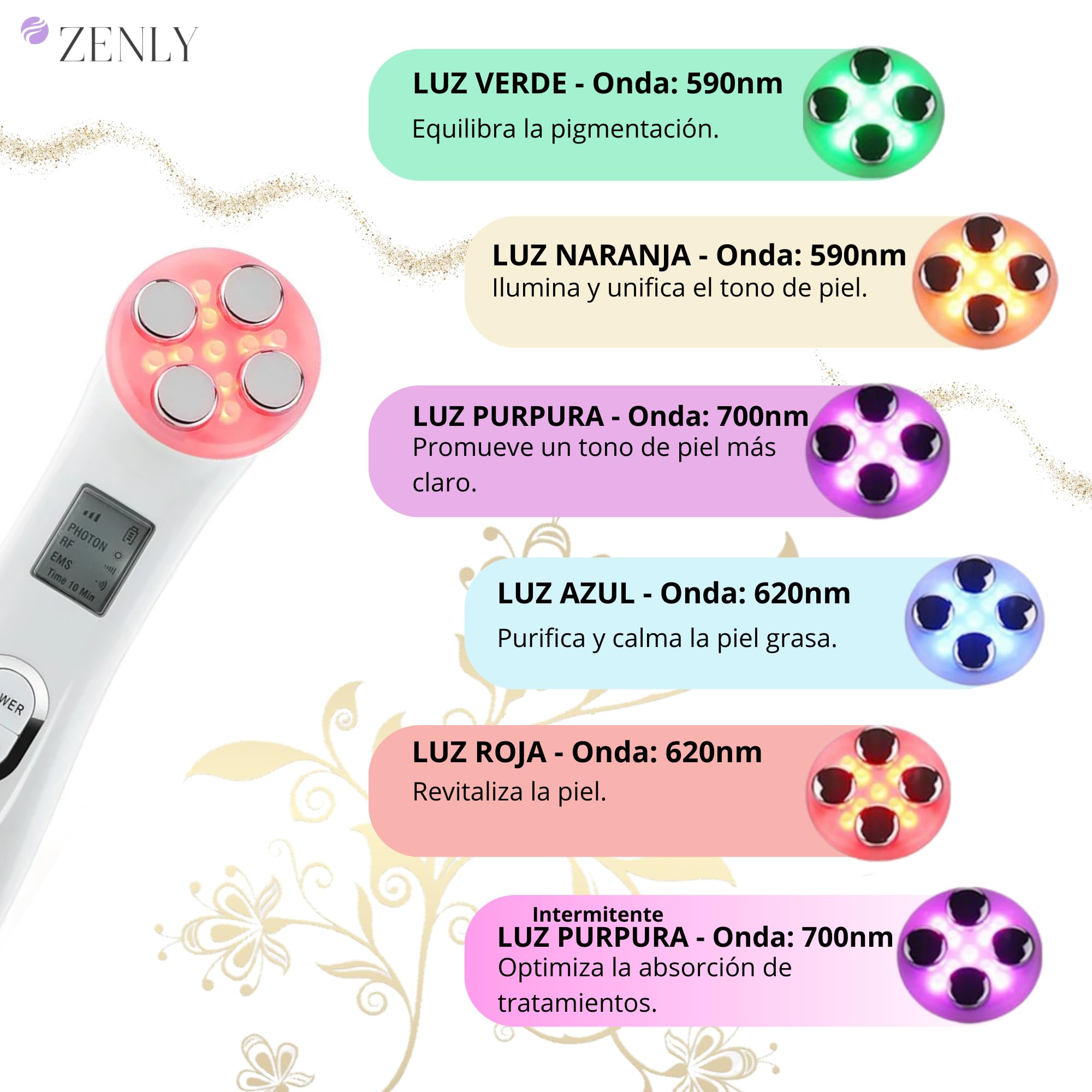 ZENLY Masajeador Radiofrecuencia Facial Multifuncional Profesional 6 en 1 - Tratamiento Antiarrugas, Lifting, Limpieza Profunda con Tecnología EMS y Luz LED para Piel Radiante, Rejuvenece y Tonifica