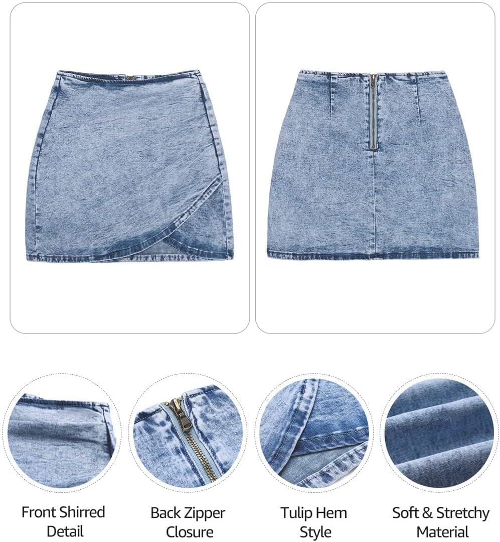 Vetinee Women's Tulip Hem Shirred Washed Casual Bodycon Short Jean Denim Skirt - Image 6