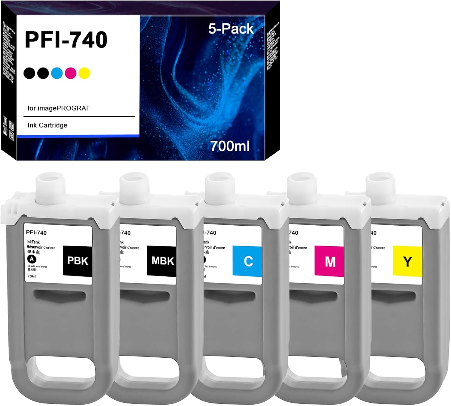 PFI-740 Set Ink Cartridge PFI-740MBK PFI-740BK PFI-740C PFI-740M PFI-740Y Ink Tank Compatible with Canon imagePROGRAF TZ-30000 TZ-32000 MFP Printers (5-Pack, 700ML)