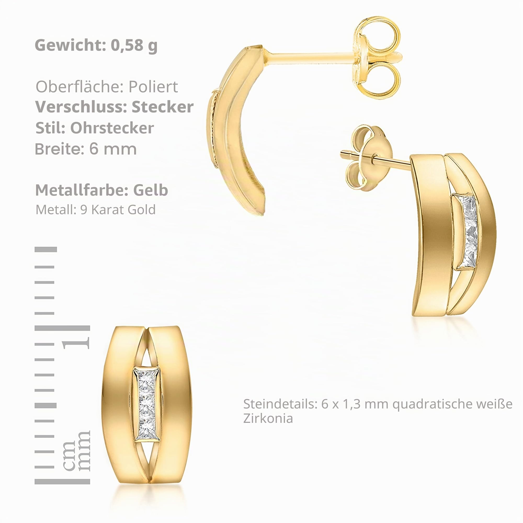 CARISSIMA Damen-Ohrstecker Cubic 3 Band 375 Gelbgold Zirkonia transparent Rundschliff - 1.58.9979