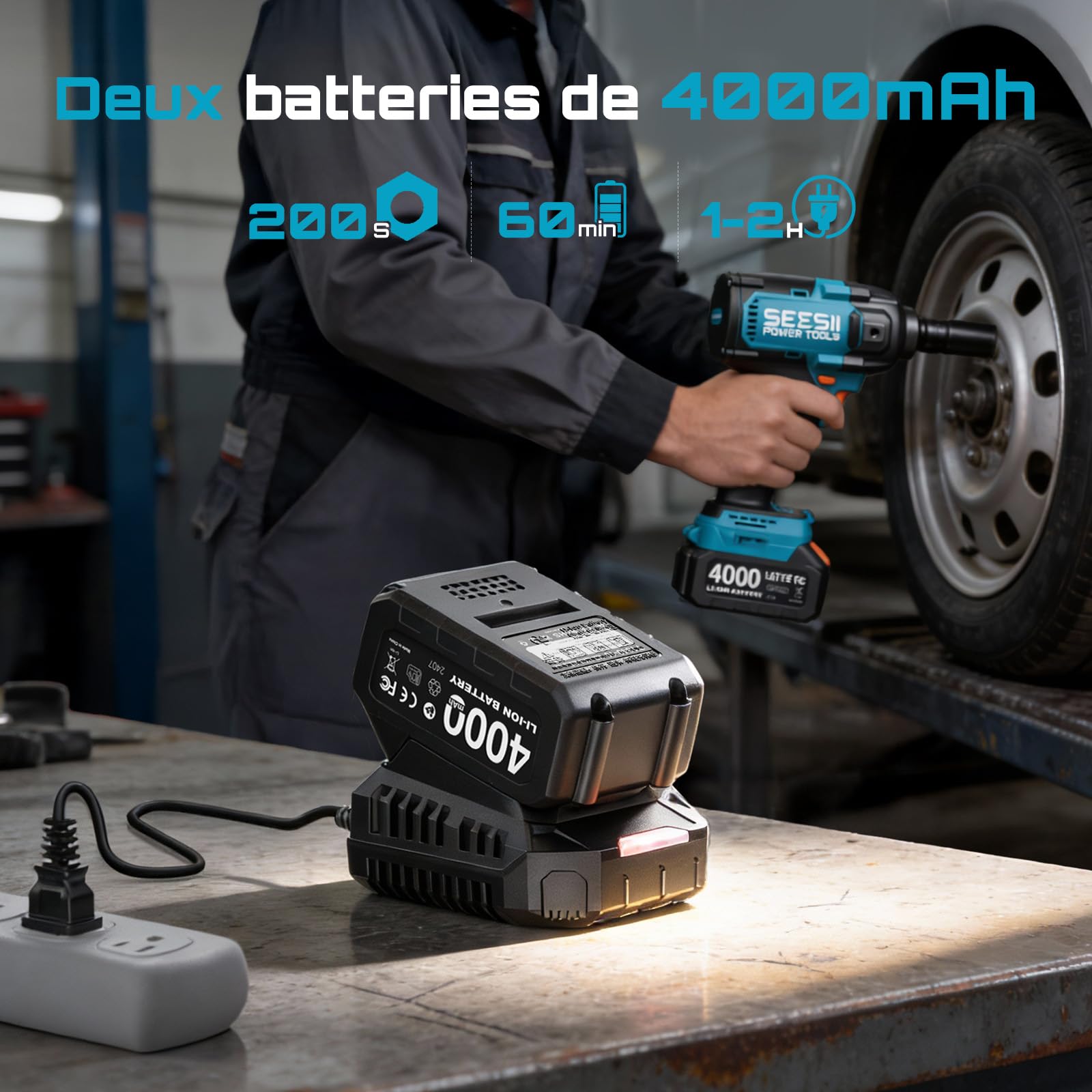 Seesii Clé à Chocs Sans Fil 1/2" 1600N·m 21V avec Poignée Détachable 2×4,0Ah