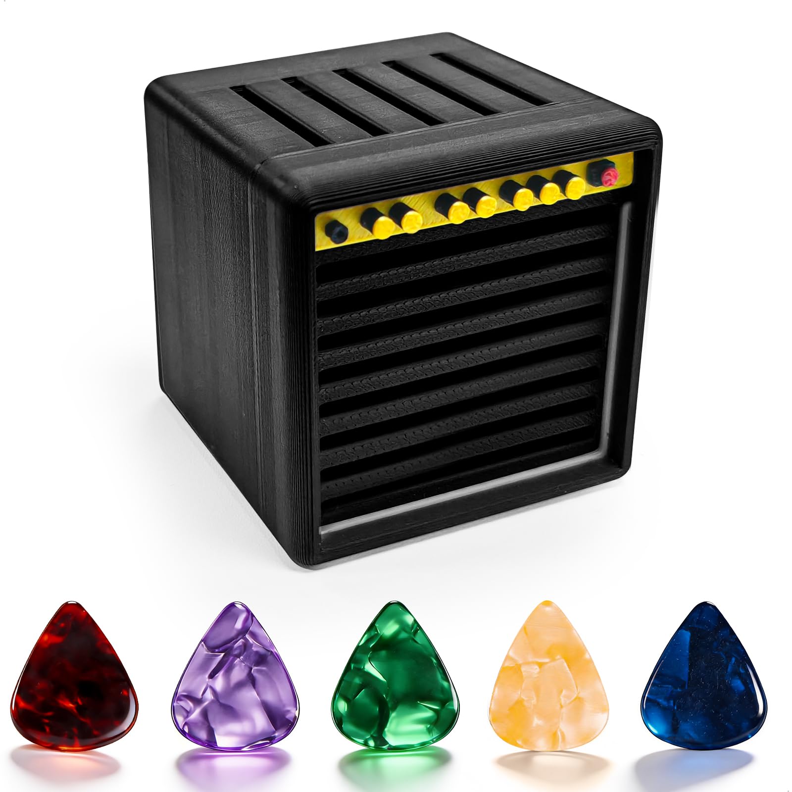 Boite Mediator Guitare avec 5 Mediators, Mini Accessoire Guitare en PLA Imprimé en 3D, Guitar Accessoires Set de Rangement pour Médiators Destiné aux Guitaristes et Mélomanes(Noir)
