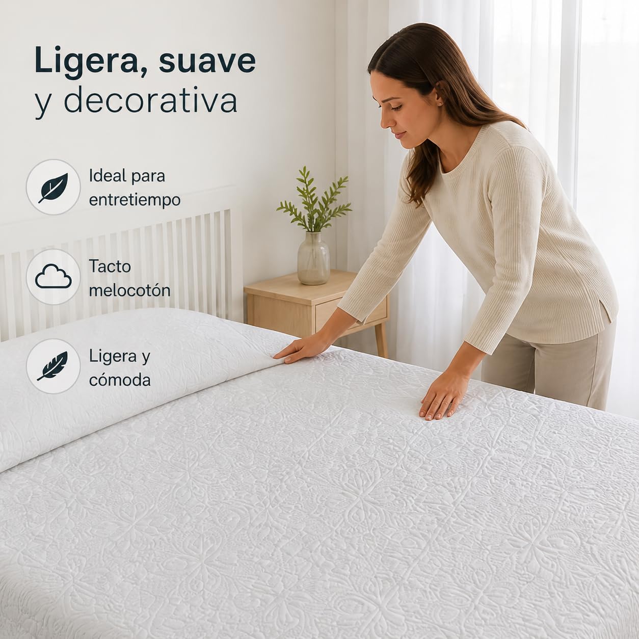 Lanovenanube Colcha Bouti Floral Blanca Cama 150 250x270 100% Poliéster | Fabricada en España. Tacto melocotón, relleno 100 g/m². Incluye 2 fundas de cojín. Ideal para primavera y verano.