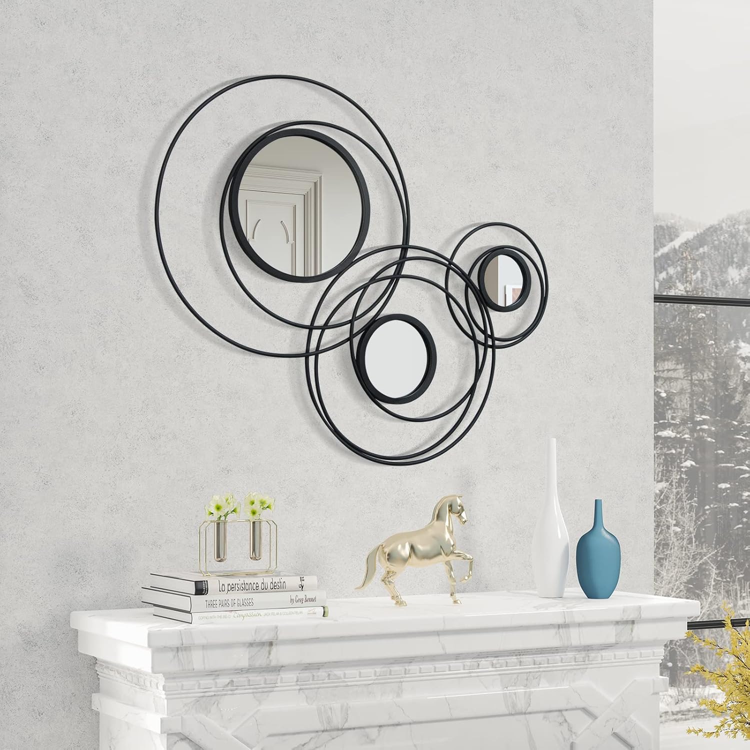 THCISL WallMirrorsDecorations, Rustic Black Metal 9Ring