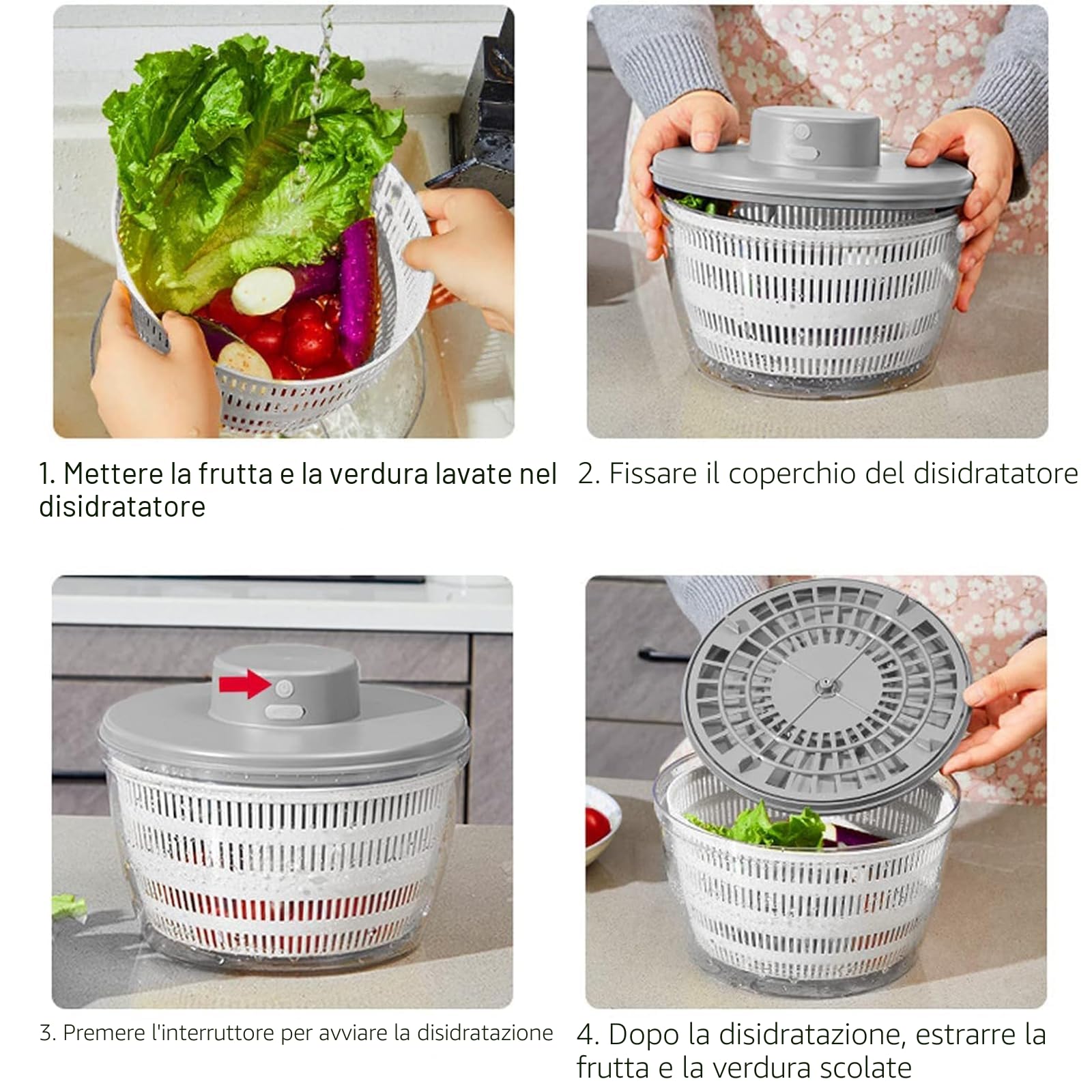 Centrifuga Automatica per Insalata, USB, Senza Fili, 4000 ml, per Frutta, Verdura, insalatiera, per servire, drenaggio rapido, Aiuto da Cucina in Colori alla Moda, Lunga disponibilità, Argento