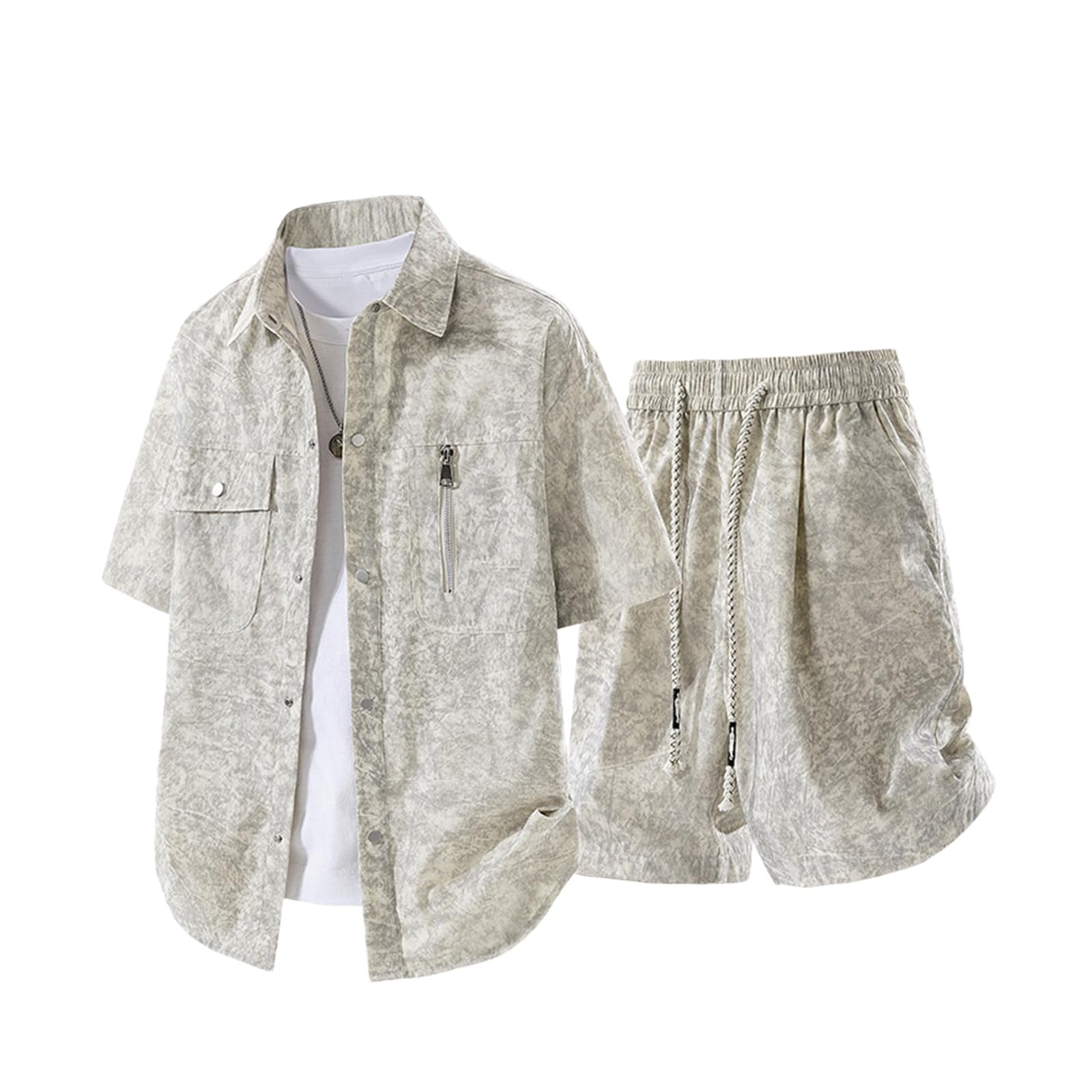 Conjunto Casual Cargo Manga Corta Camisa Shorts Deporte 2 Piezas Verano-Brown-XL