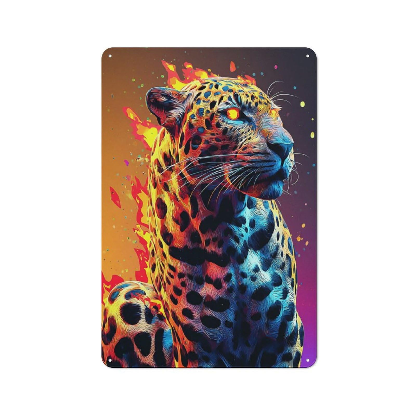 Junmoney Colorful Leopard In Flames Vintage Tin Wall Plaque 30X20cm For Kitchen Or Home Bar, For Vintage Wall Decor Fans, For Themed Room Decoration