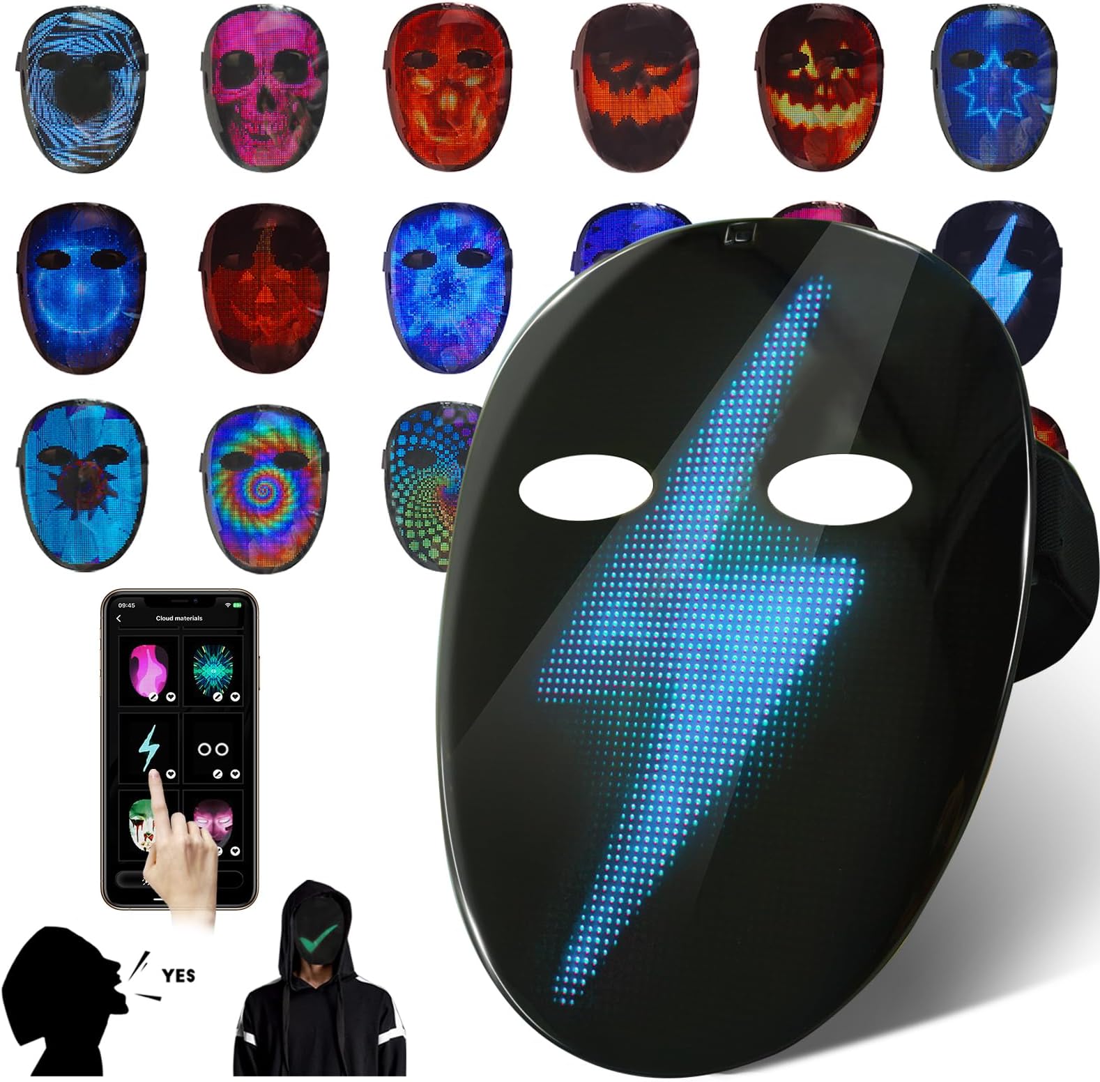 Led Mask with Voice Recognition Gesture Sensing, Light up Mask with Programmable App Multi-Patterns Display