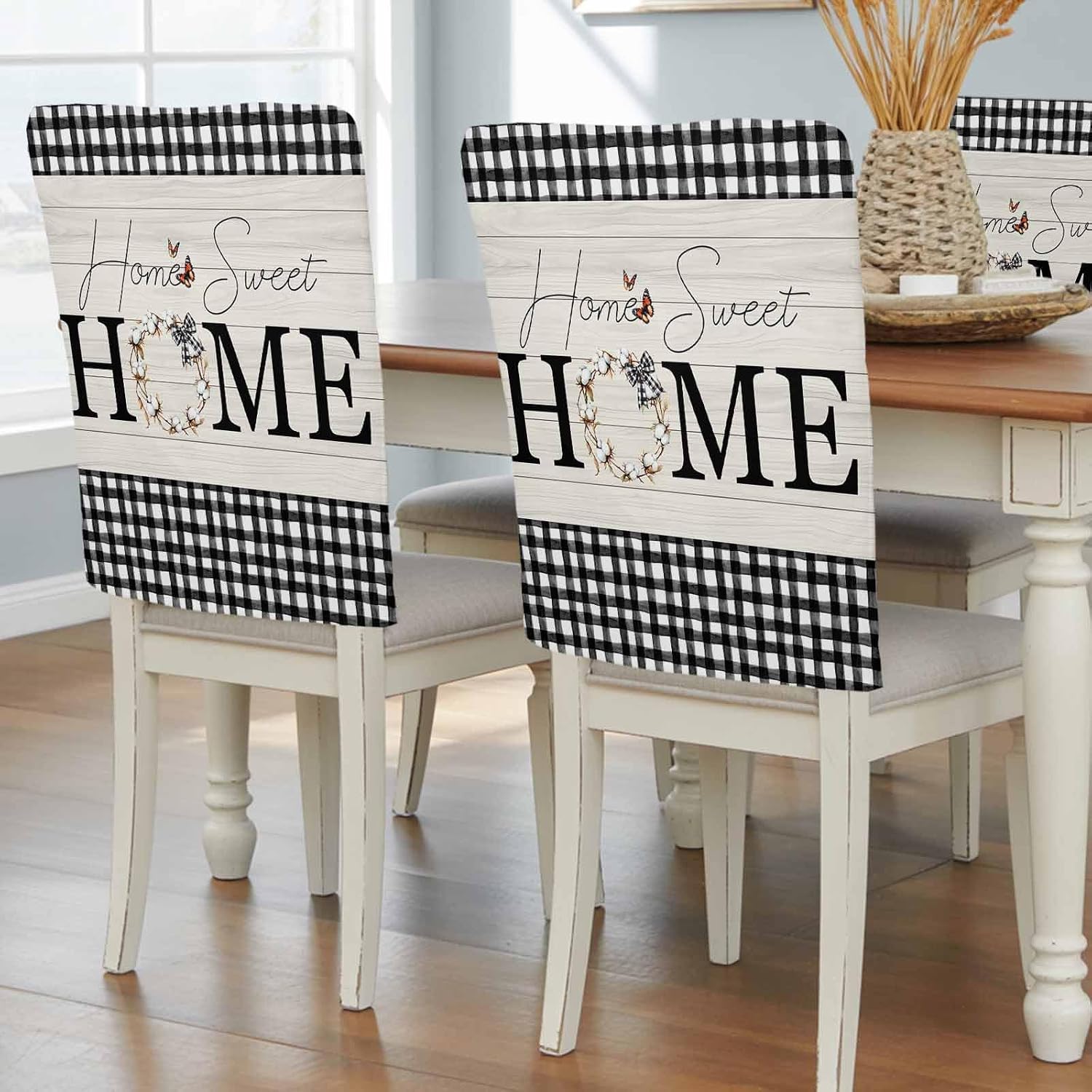 Chair Back Covers for Dining Room Set of 4,Home Black White Gingham Check Stretch Slipcovers,Chairs Protector for Kitchen Seat Holiday Party Decor,Farm Vintage Wood Board