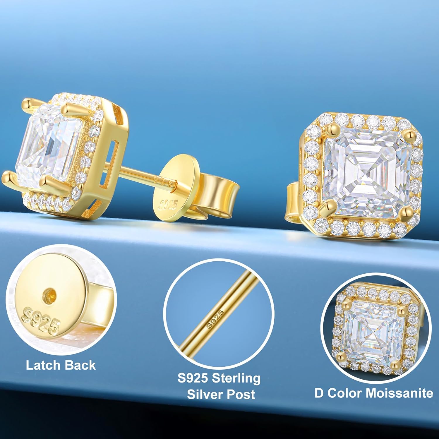 Gold Moissanite Earrings Asscher Stud 1 Carats Square Halo Moissanite Stud Earrings, D Color VVS1 Simulated Diamond 925 Sterling Silver Earrings For Women Men - Image 4