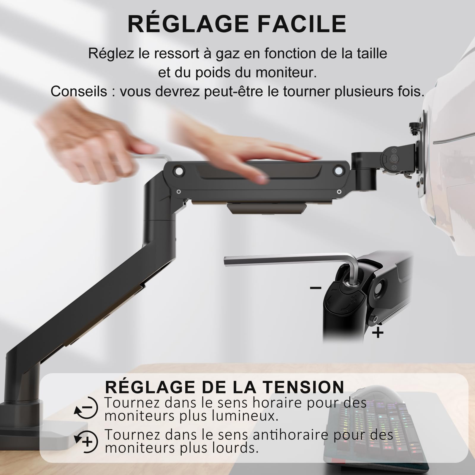 WALI Bras pour écran Ultra Large jusqu'à 49" et 20 kg, Support de Moniteur Robuste, entièrement réglable, VESA 75 et 100 mm (GSM001XL), Noir