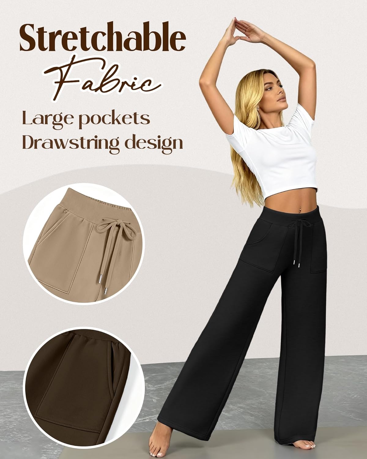 3 Pack Women's Wide Leg Sweatpants Baggy Workout High Waist Drawstring Jogger Casual Yoga Pants with Pocket - Image 5