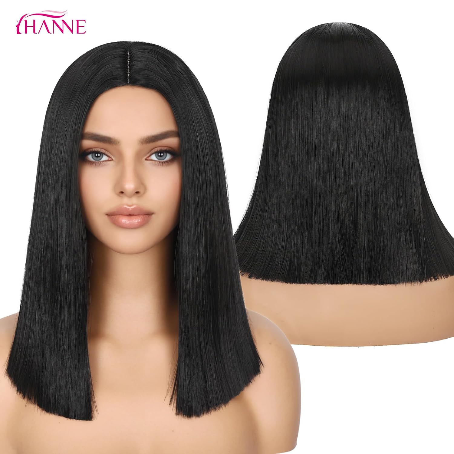 HANNE Natural Black Shoulder Length Bob Wig for Women Short Straight Hair Middle Part Heat Resistant Bob Wigs for Daily Use or Party (Black)
