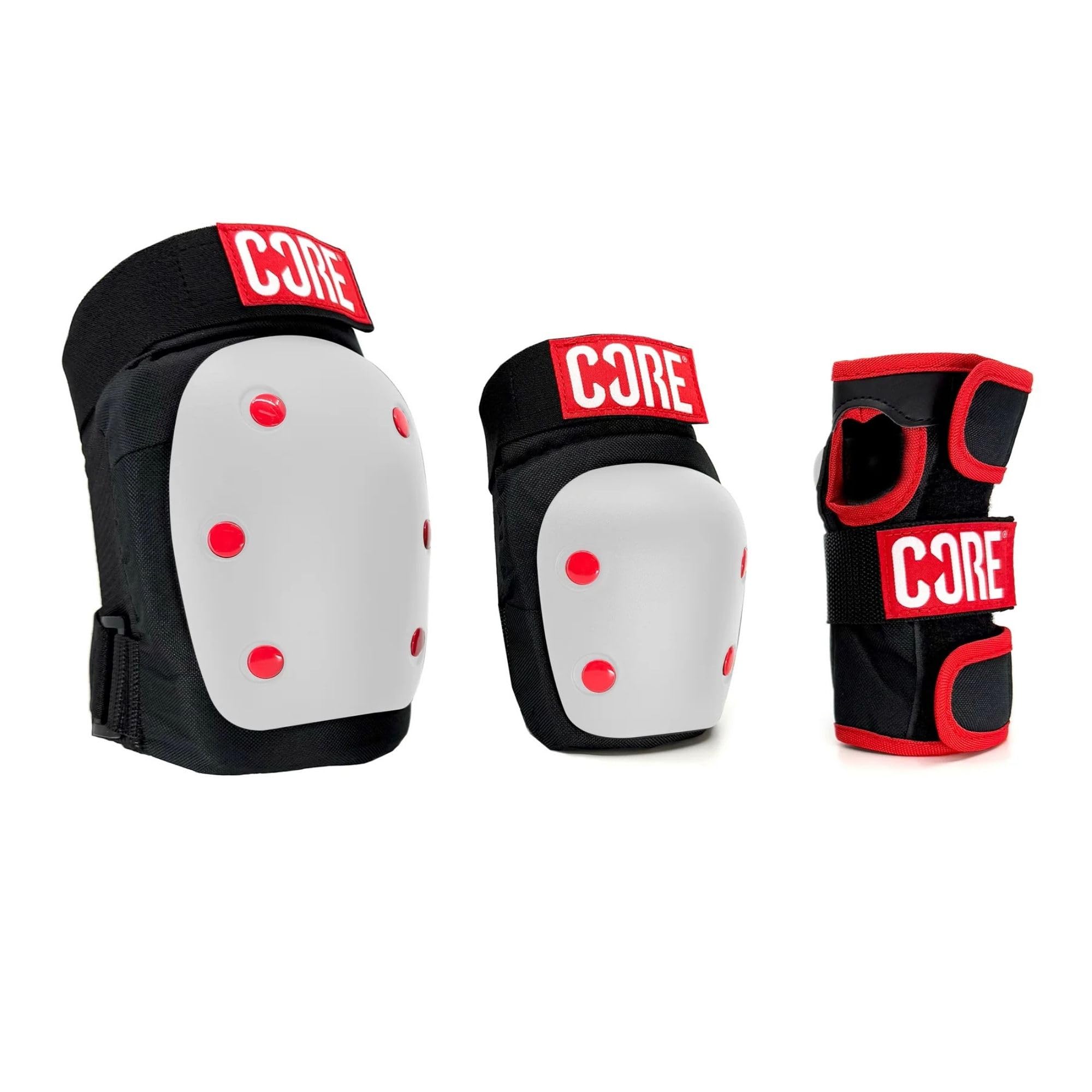 CORE Lot de 3 coussinets de protection 3 en 1 pour enfants/adultes, genoux, coudes et poignets pour le skateboard, le patin à roulettes, la trottinette acrobatique et le cyclisme de tous âges – Blanc