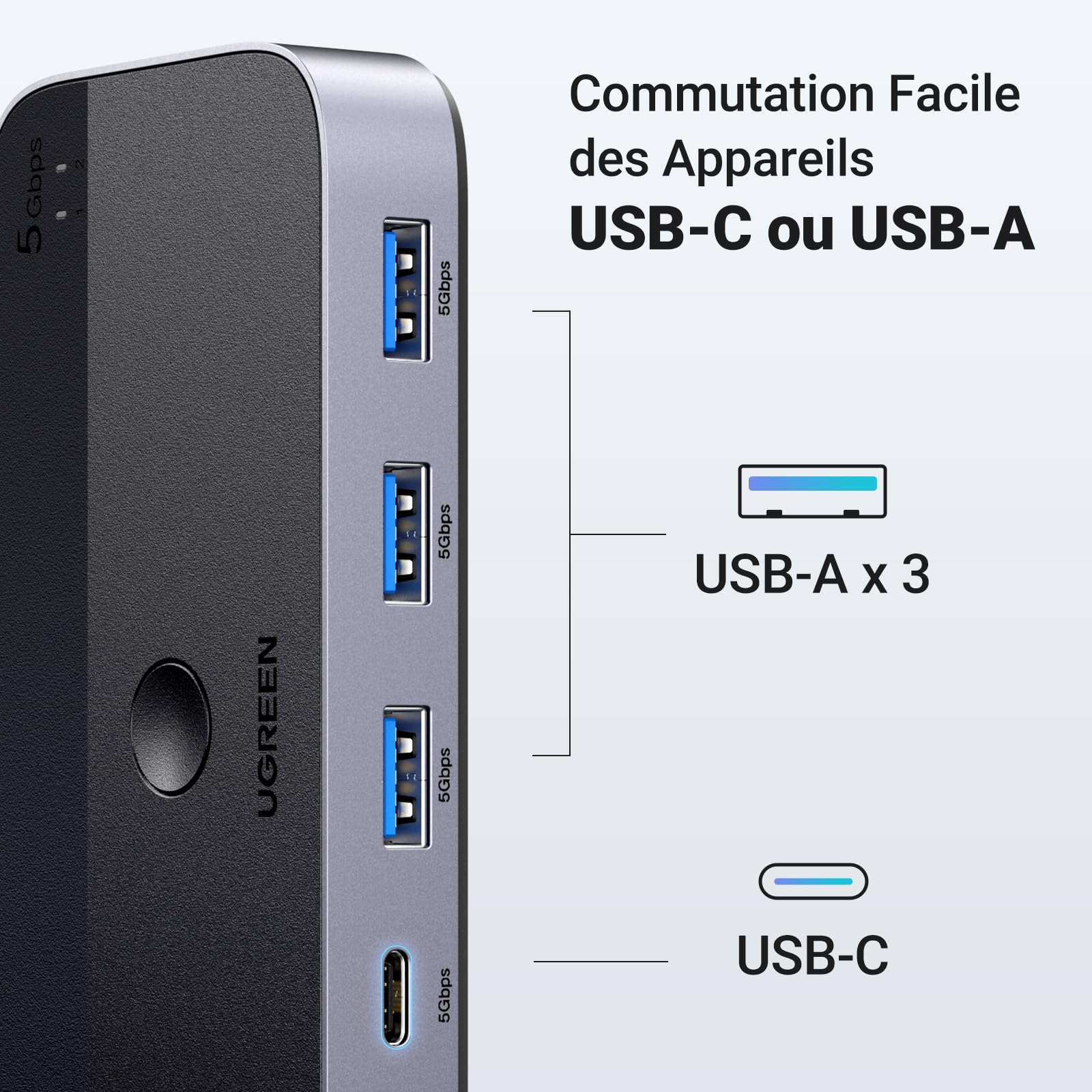 UGREEN Switch USB C 3.0 Commutateur KVM Ports pour 2 PC Entrées 4 Sorties 5Gbps pour Clavier Souris Disque Dur Imprimante avec Contrôle du Bureau et Câbles Inclus