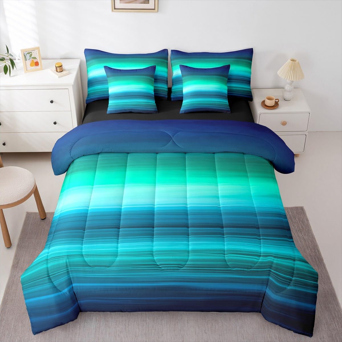 Feelyou Blue Print Comforter Set - Deep Ocean 7 Piece Bedding Set with Minimalist Blue Lines - Microfiber Modern Design Bed Set Includes Comforter, Sheet Set, Pillowcases & Pillow Covers - Twin Size