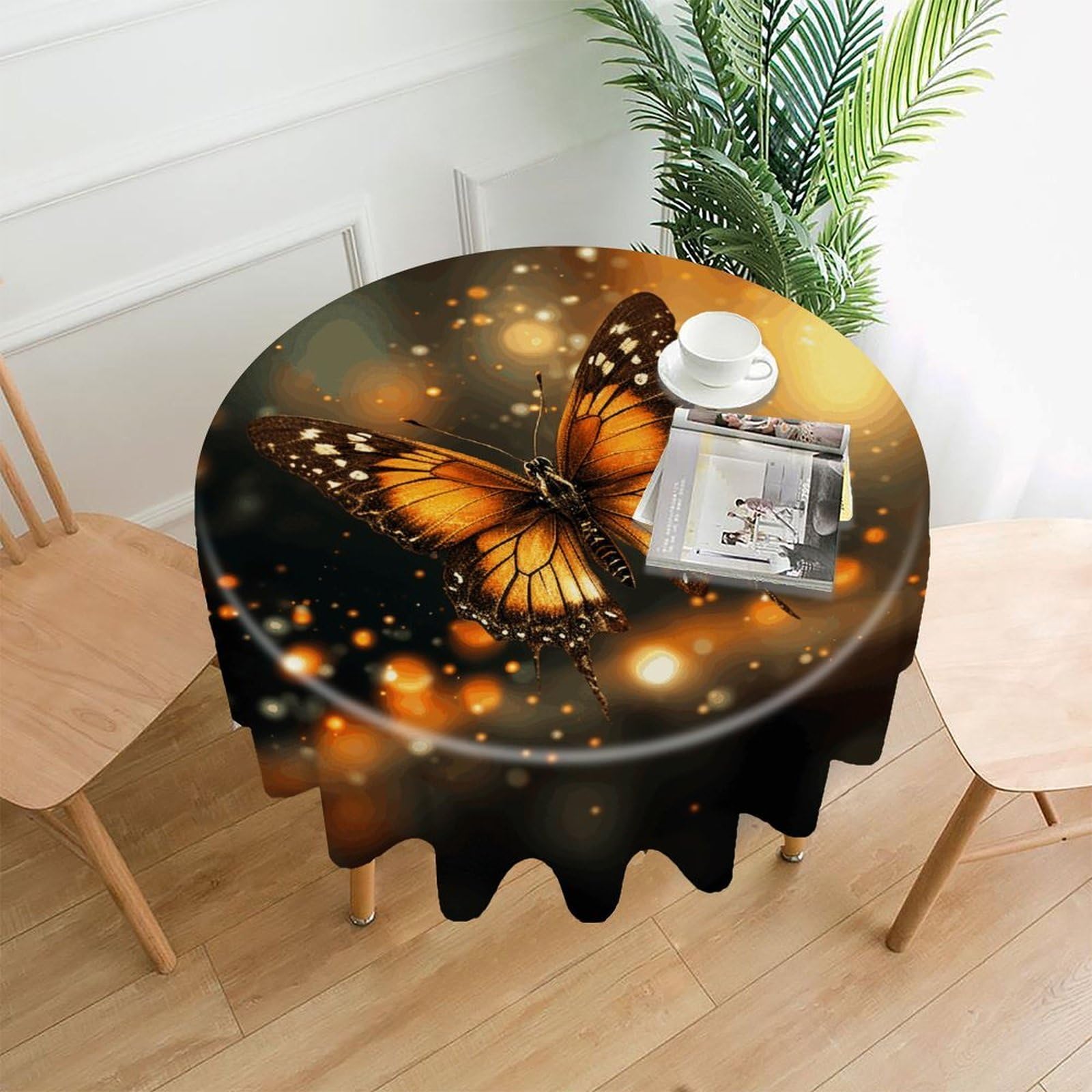 MUSM 60 Inch Orange Butterfly Round Tablecloth Wipeable Washable Table Cover for Kitchen and Dining Room Decorative Table Cloth for Party Holiday Picnic Outdoor