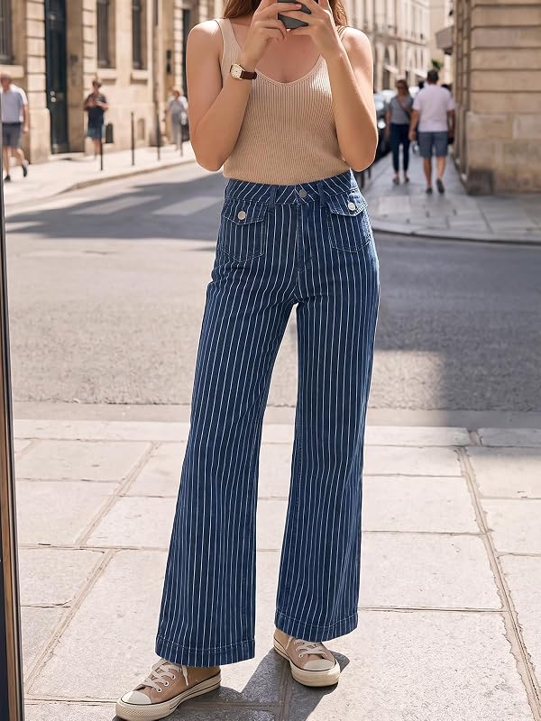 Cicy Bell Womens High Waisted Wide Leg Baggy – Striped navy color
