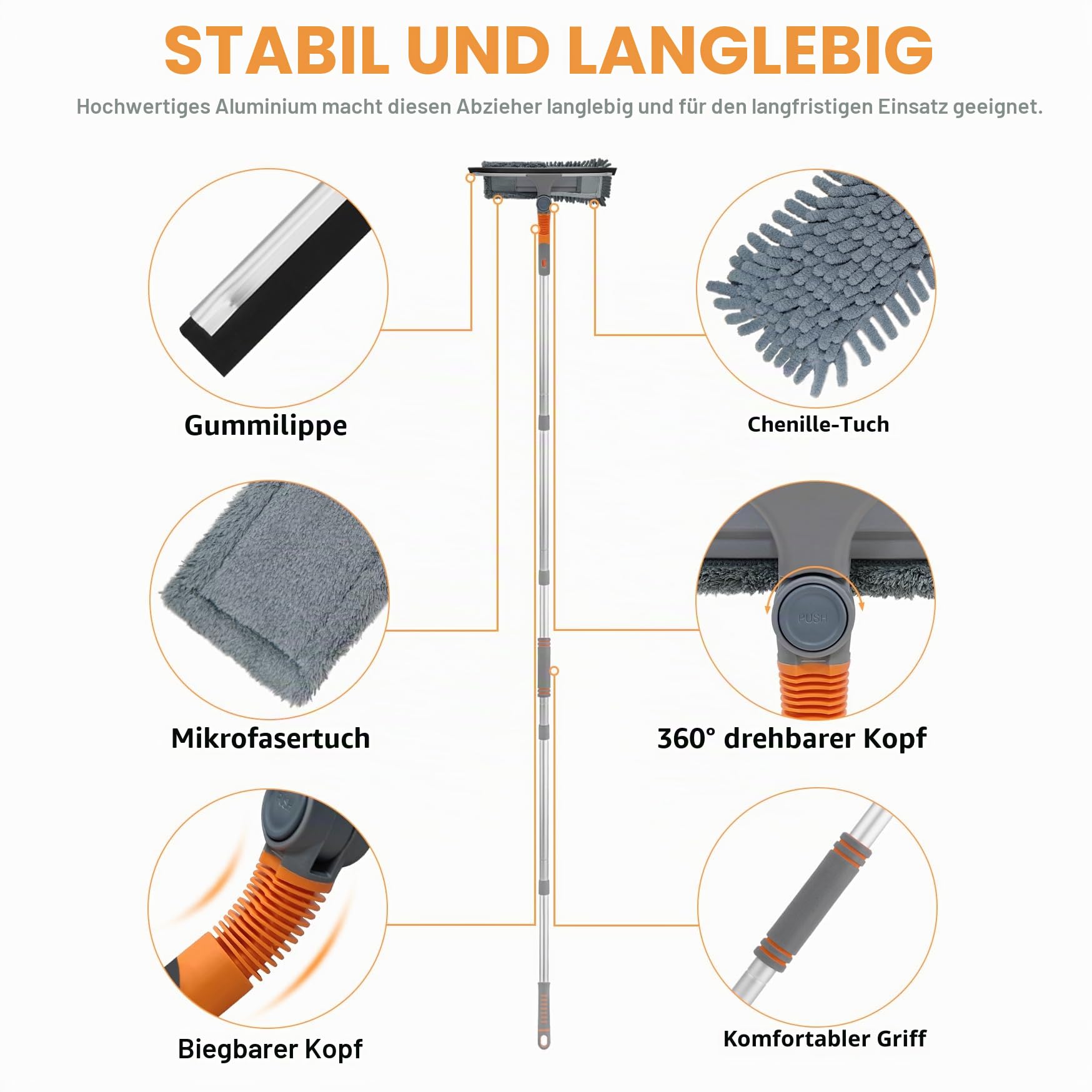 Tendak Fensterwischer mit Teleskopstiel, 3 in 1 Professioneller Fensterabzieher Teleskop Fensterputzer von 23cm bis 200cm Fensterreiniger Glasreiniger für Hohe Fenster im Innen und Außen Dusche Glas