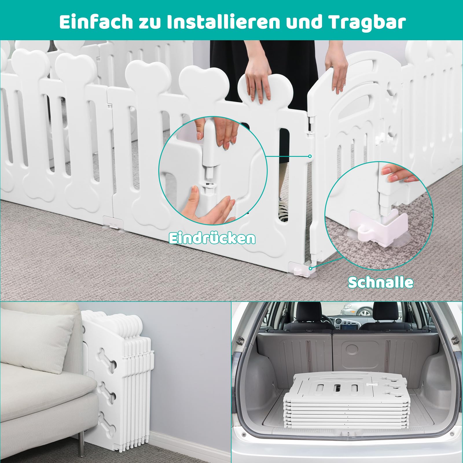 Recinto per Cani da Interno Esterno alto 60cm, Box per Cani 7+1 Pannelli, Recinzione per Cani Pieghevole, Recinto per Gatti in Plastica con Cancello, Incluse Ventose e Ancoraggi a Terra, Bianco