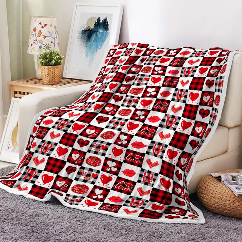 Fleece Throw Blanket Valentines Day Flannel Throws for Women Girls Gifts, Romantic Red Rose Floral Soft Warm Large Throw Blanket for Bed/Couch/Sofa (Heart, 50X60)