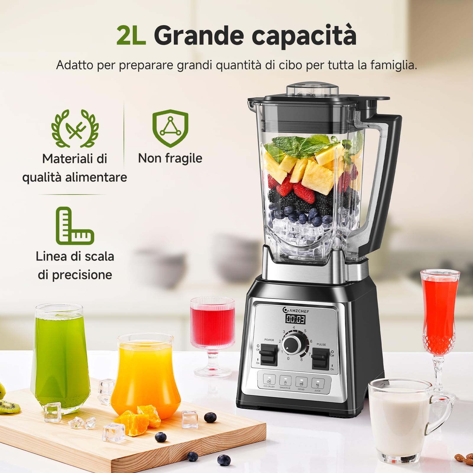 AMZCHEF Frullatore da 2000 Watt, 2 litri, frullatore potente con 8 velocità regolabili e 4 programmi preliminari per ghiaccio tritato, frullati, frullatore per carne, senza BPA