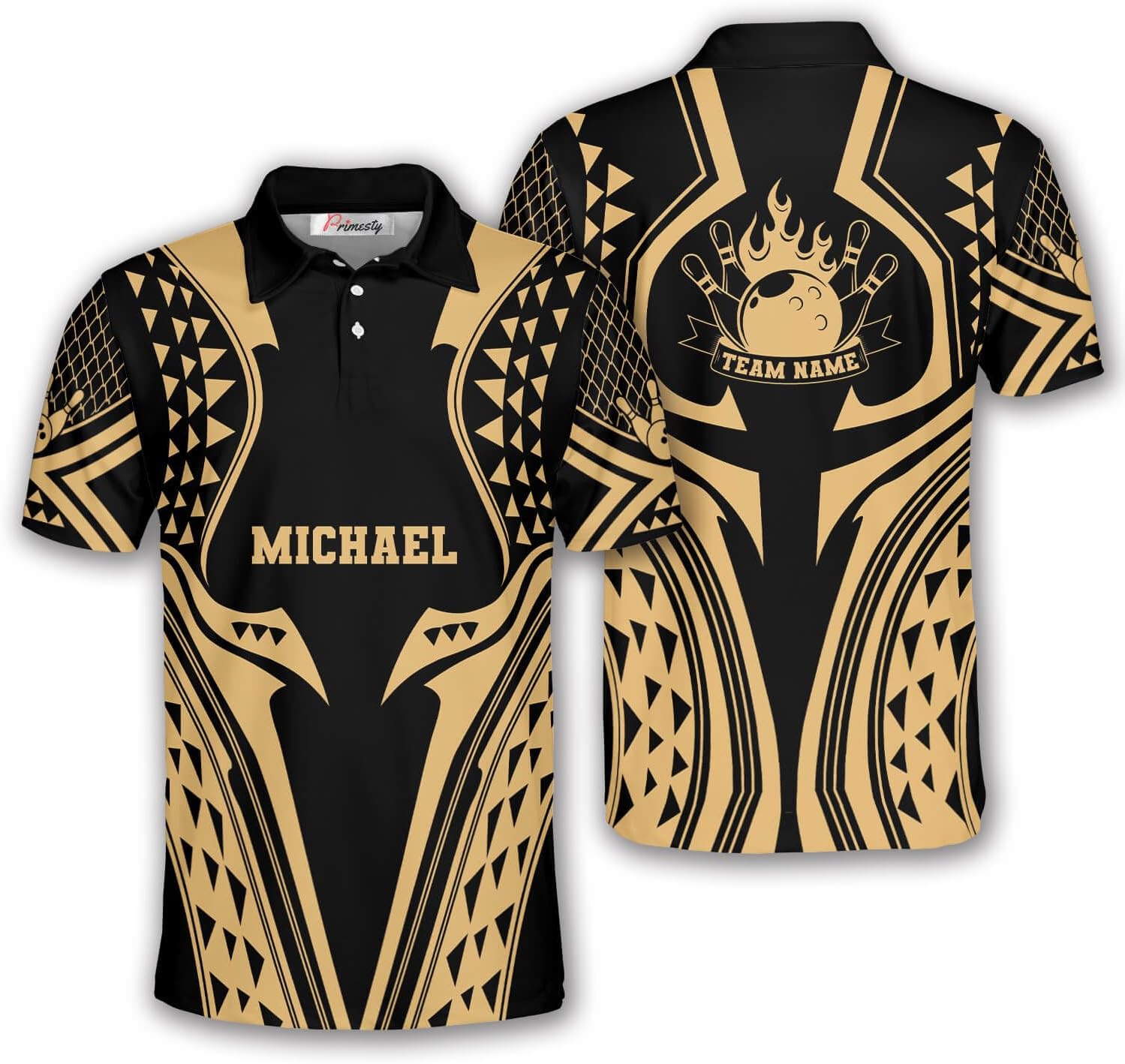 PRIMESTY Polynesian Bowling Shirts for Men Women, Samoan Maoli Tribal Tattoo Bowling Jerseys, Custom Bowling Polo Shirts