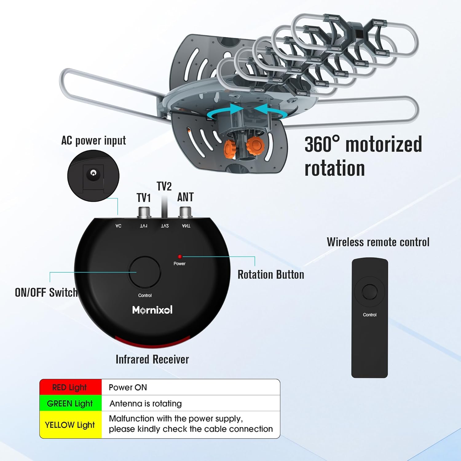 TV Antenna Outdoor, 360° Motorized Outdoor Antenna, 150 Miles Long Range Reception, Digital VHF UHF Antenna with Amplifier Signal Booster & Remote Control, for 4K 1080p All HDTVs, Easy Setup