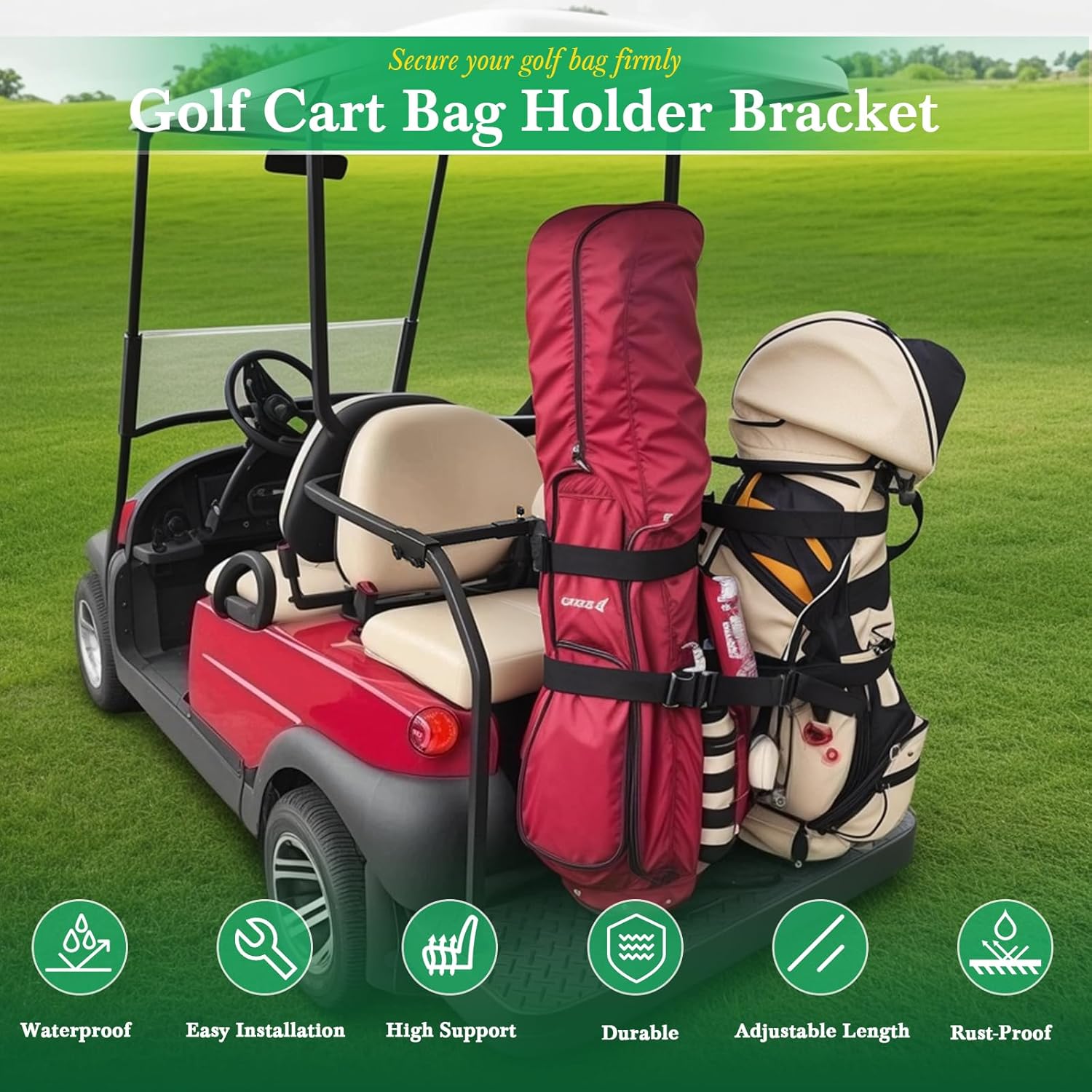 Upgrade Golf Cart Bag Holder Bracket, Adjustable Golf Cart Bag Bracket for 2+2 Rear Seat with 1 Inch Square Tube, No Drilling Golf Bag Holder Attachment for Club Car EZGO Yamaha, Include Nylon Strap