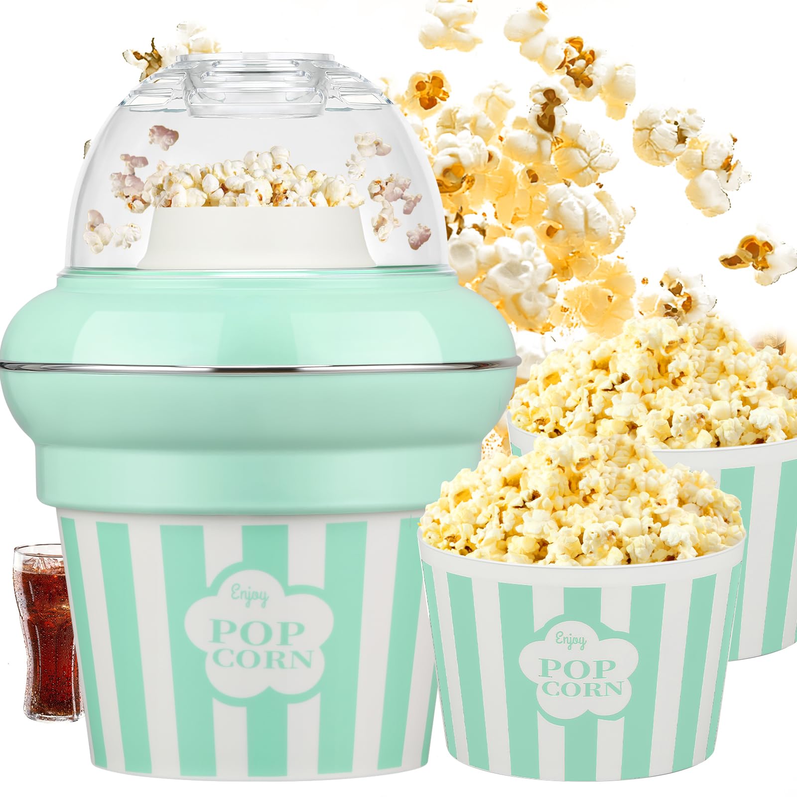 Popcorn Machine Hot Air Popcorn Maker No Oil, High Popping Rate, 5.3 Quart Quarts 1100w 2 Min Fast Popping Air Popper with Butter Melter, BPA-Free, Popcorn Poppers for Home (Green)
