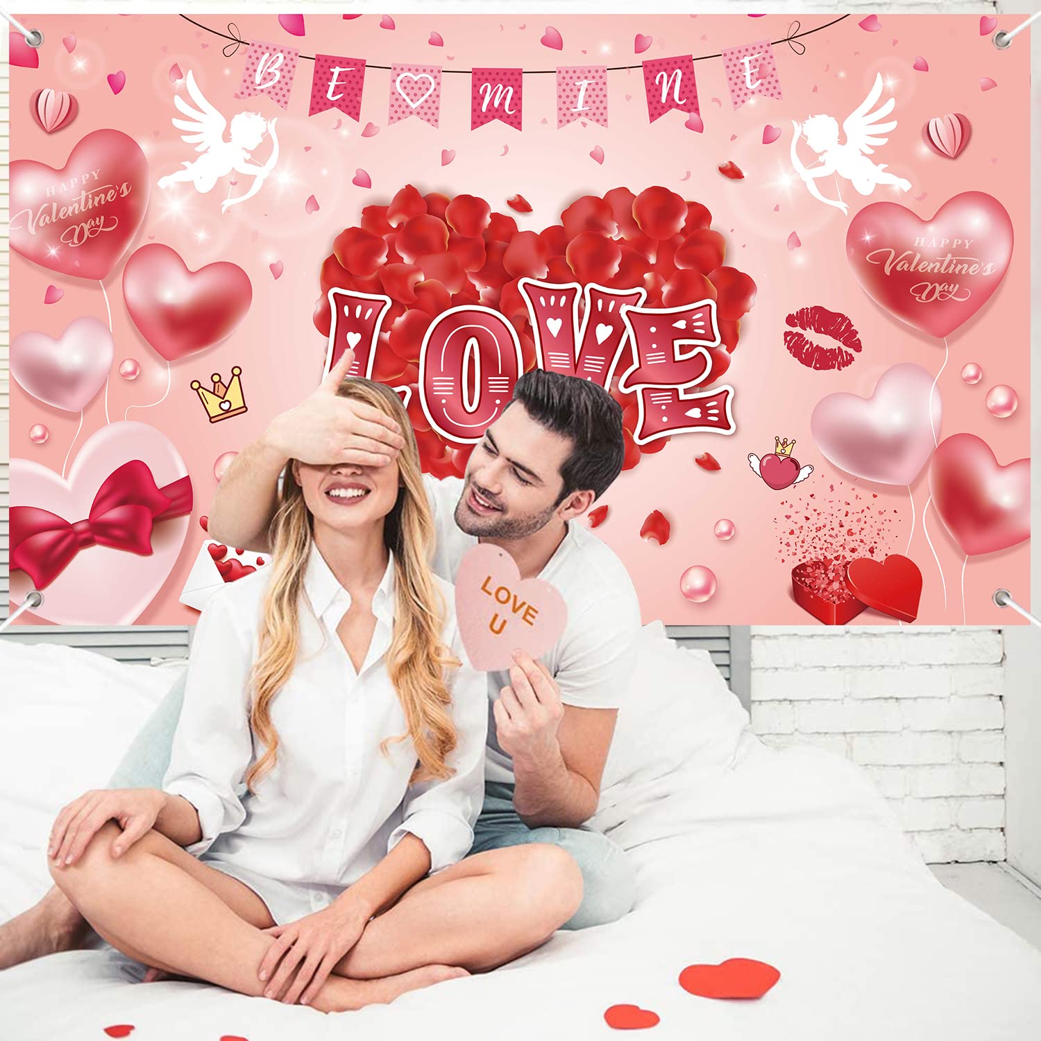 Valentinstag Hintergrund-Banner – 180x110 Cm, Mit „Happy Valentine’s Day“-Aufdruck, Inkl. Aufhängeseil