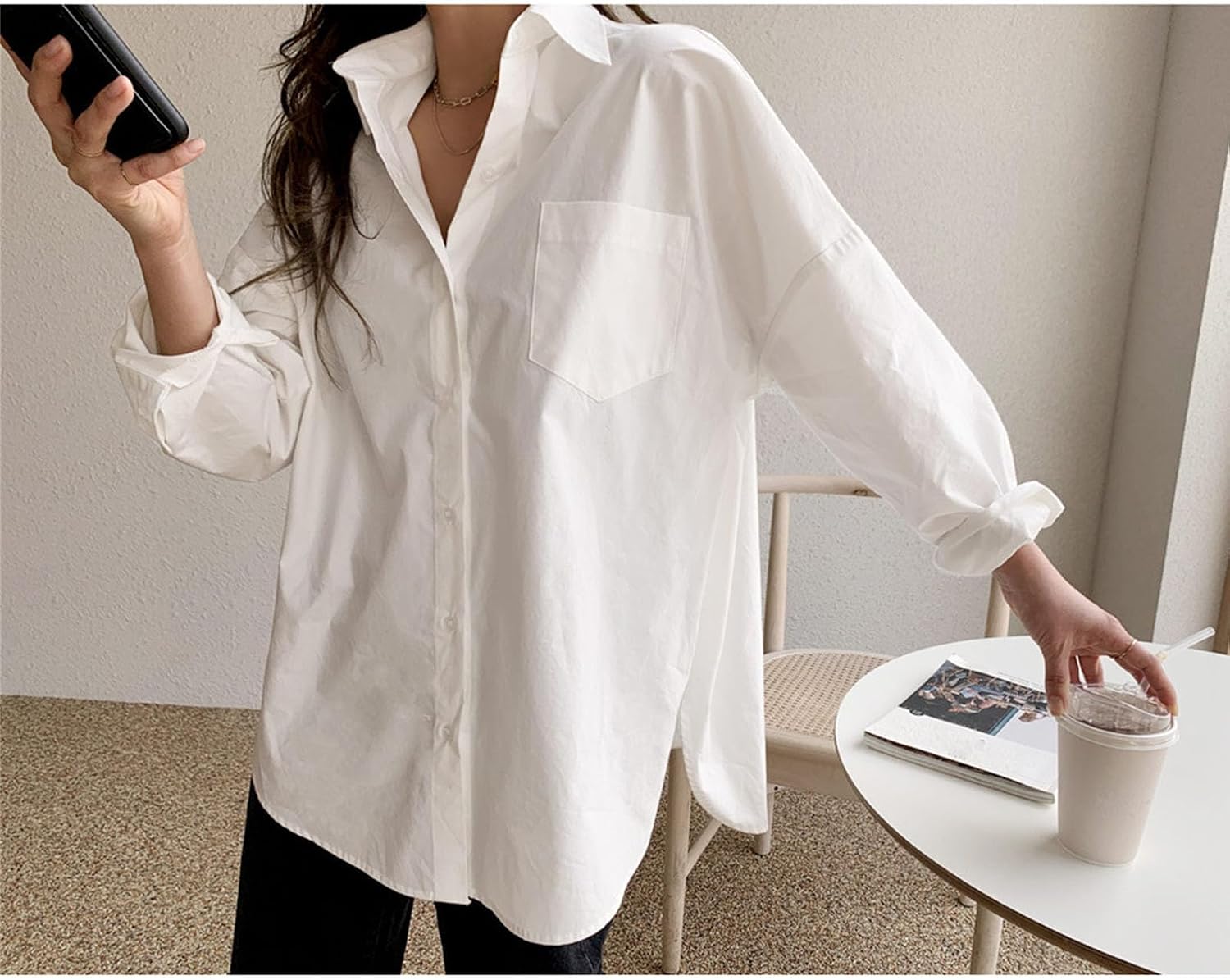 Women's Lapel Work Split Mid Long Shirt Button Front Slit Hem Long Shirt Dressy Work Formal Casual Blouses Shirts