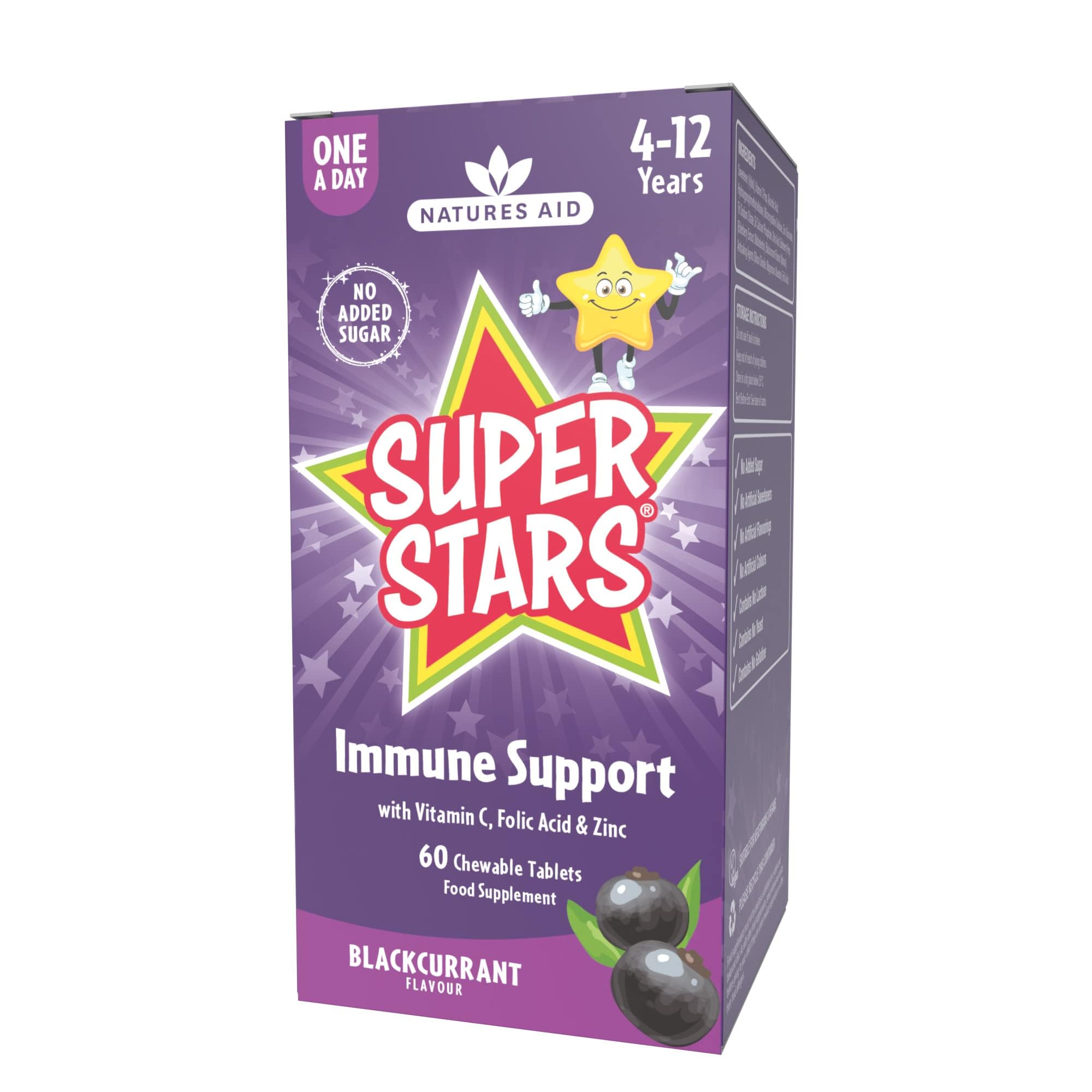 Natures Aid Super Stars Immune Support Chewables for Kids Aged 4-12 – Vitamin C, Zinc, Elderberry & Folic Acid – Supports Immunity, Growth & Energy – Natural Fruit Flavour, Vegan – 60 Tablets