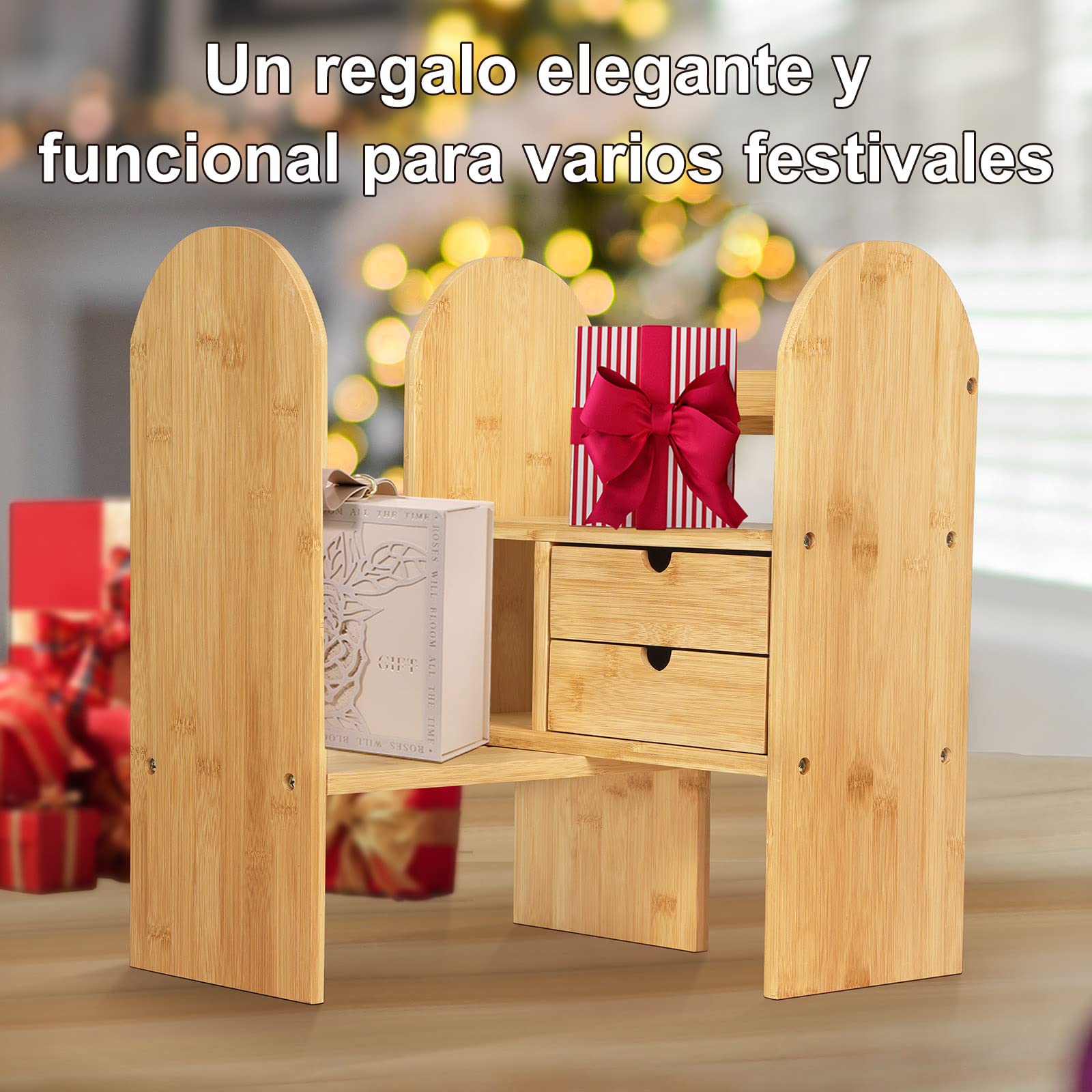 GUUSII HOME Estantería Escritorio Estanteria Pequeña Madera Sobremesa Oficina Organizador Libros con Cajones Estante Livros de Bambú Ajustables Libreria De Pie para Libros
