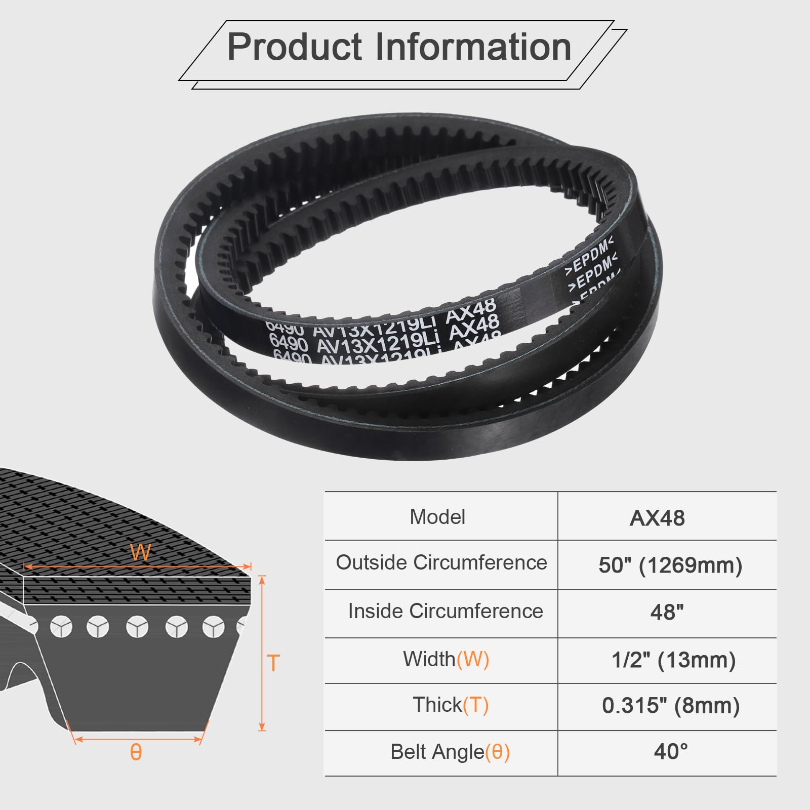 uxcell 2Pcs AX48 EPDM V-Belt, Raw Edge Cogged Industrial Rubber V Belt 1/2" Width x 50" Outer Circumference — Amazon image 2