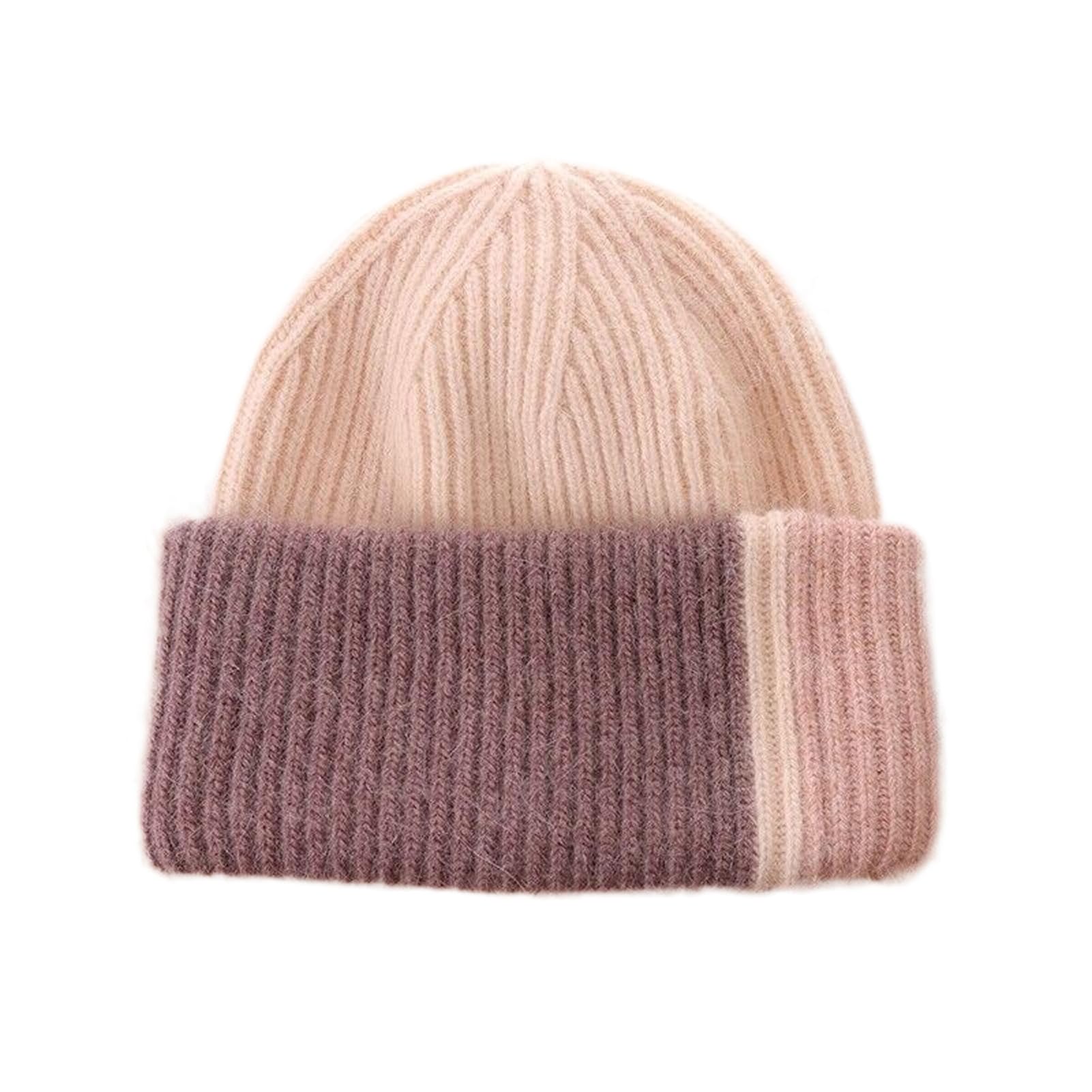 Gorro con pompón Natural con Costuras de Color para Invierno, cálido, para Mujer (Beige, Talla única)
