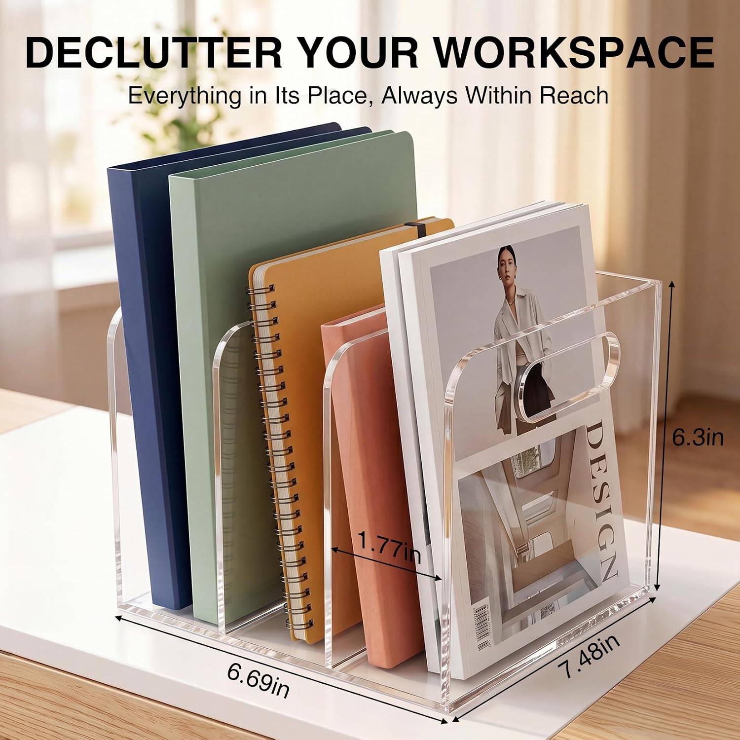 Space-Saving Clear Acrylic Desktop Organizer, Modern Office Shelf | with 3 Compartments, Durable Display Rack for Files, Books, and Desk Supplies, Multi-Compartment Desk Organizer