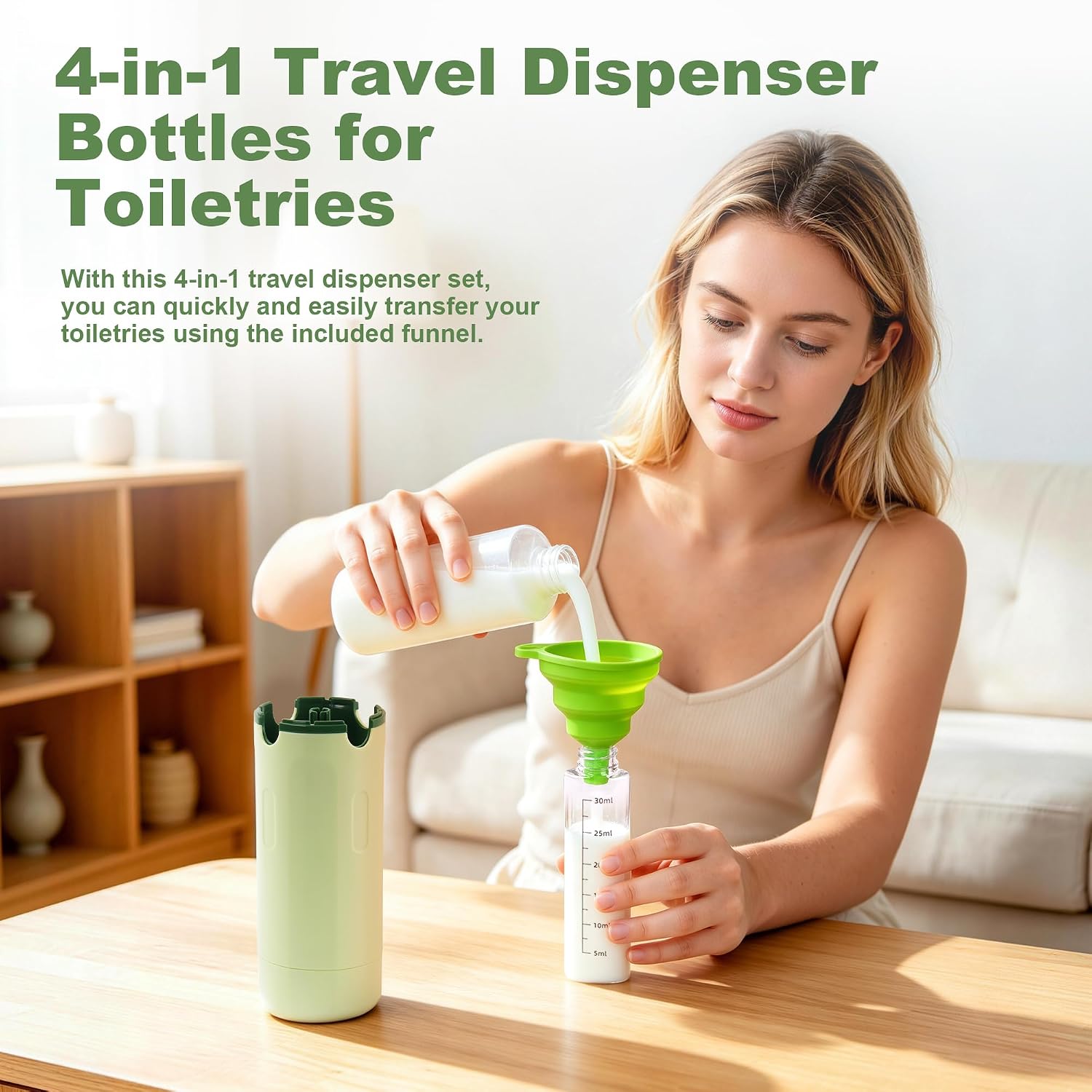 4-in-1 Travel Dispenser, 4 Pack 30ML Travel Bottles with Stickers for Toiletries – TSA Approved Leak Proof Refillable Containers for Shampoo, Conditioner, Creams, Lotions (Green)