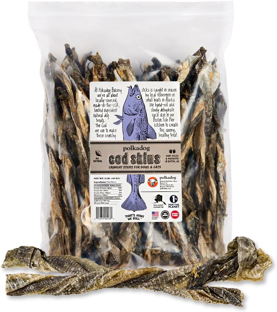 Cod Skins for Dogs (2lb Regular) - Single Ingredient, Wild-Caught Fish Skin Dog Treats for All Breeds – High in Lean Protein & Omega-3. Hypoallergenic, Grain Free. Handcrafted & Made in USA