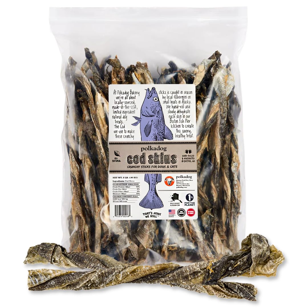 Polkadog Cod Skins for Dogs (2lb Regular) - Single Ingredient, Wild-Caught Fish Skin Dog Treats for All Breeds – High in Lean Protein & Omega-3. Hypoallergenic, Grain Free. Handcrafted & Made in USA