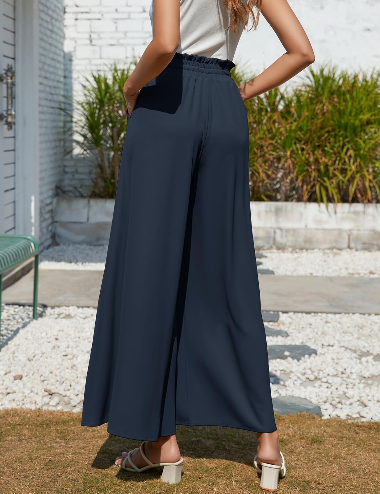 Voqeen Mujer Pantalones Verano Frescos Casual Pantalon Pierna Ancha Cintura Alta Elástico con Bolsillos Cómodo Pantalones de Trabajo Anchos Oficina