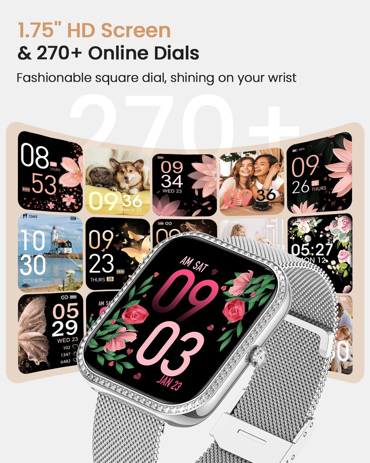 BANLVS Smartwatch Donna con Chiamate, 1,75” Orologio Fitness con 270 Quadranti, 130 Sport, Smart Watch Fisiologia Femminile SpO2 Cardiofrequenzimetro Sonno Android iOS Argento Regalo Natale Donna