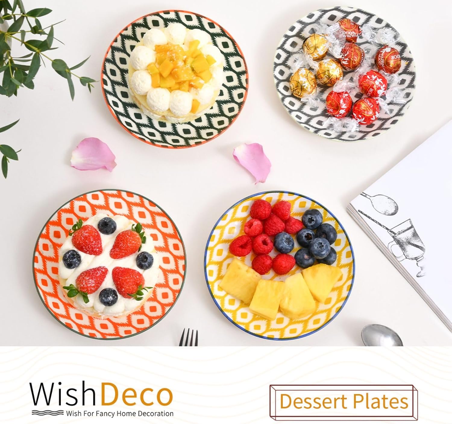 WishDeco Small Dessert Plates Set of 6, Ceramic Appetizer Plates 6 Inch